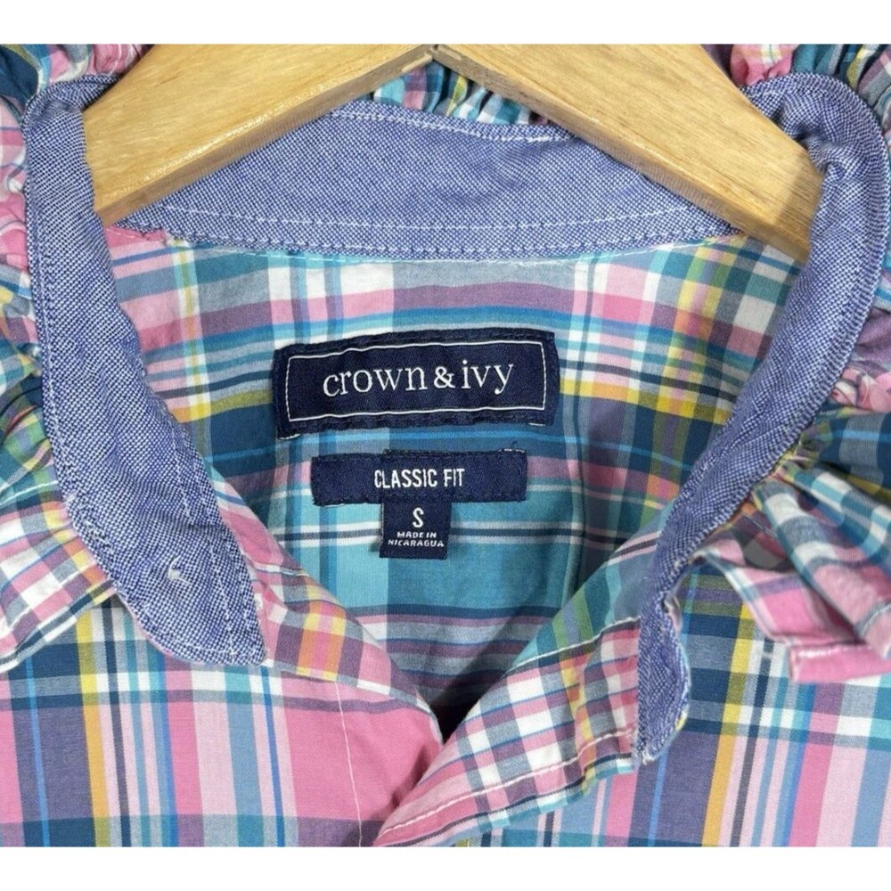 Crown & Ivy Upcycled Re-worked  Ruffle Collar Small Medium Pastel Plaids Pink - Picture 4 of 10
